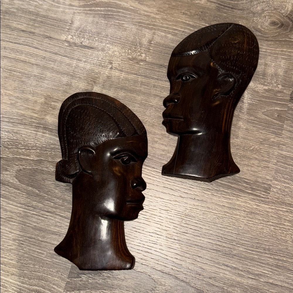 Vintage Wooden Carved African Man & Woman Wall Hanging Sculptures, Set of 2